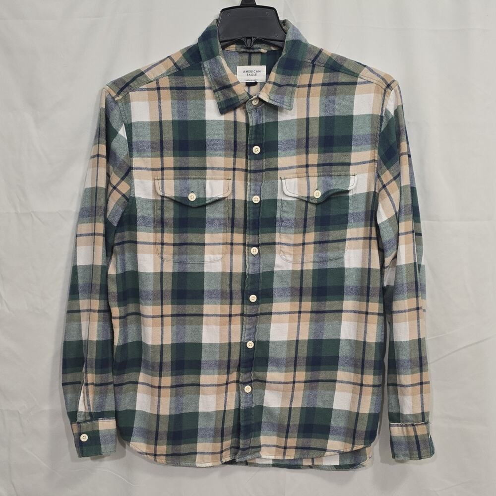 American Eagle Super Soft Flannel Men's L Green Beige Plaid Shirt Button Pocket